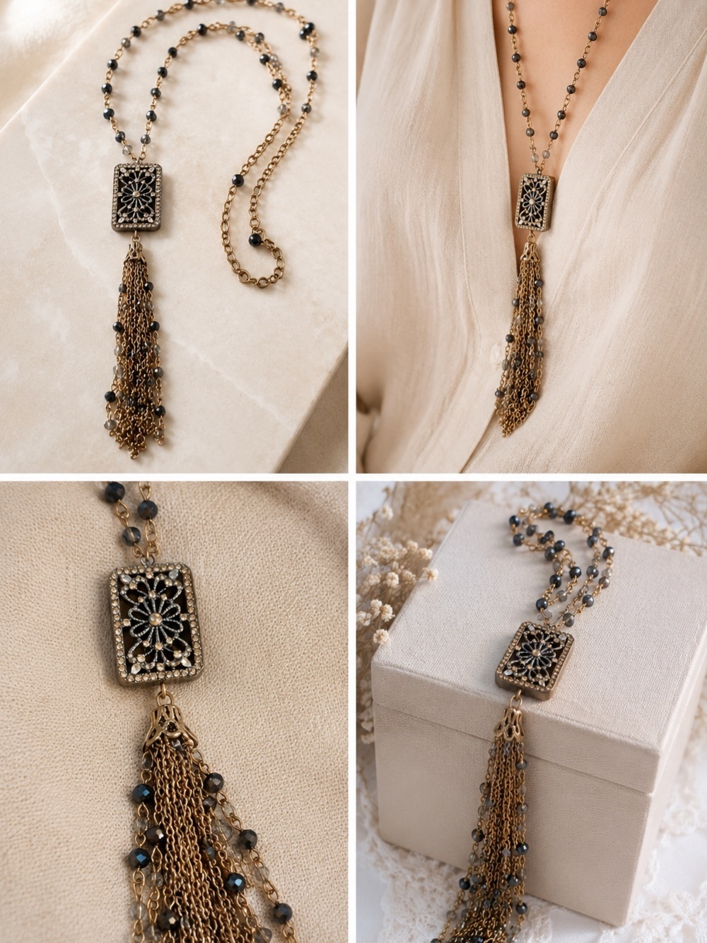 Vintage Elagant Statement Necklace Crystal Beads Long Pendant Gold